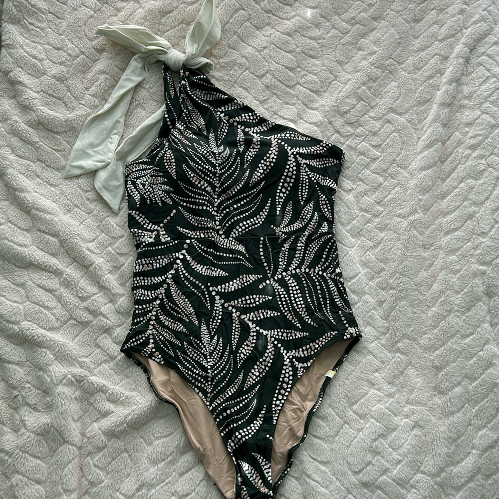 Summersault green and white one piece bathing suit with bow tie shoulder
